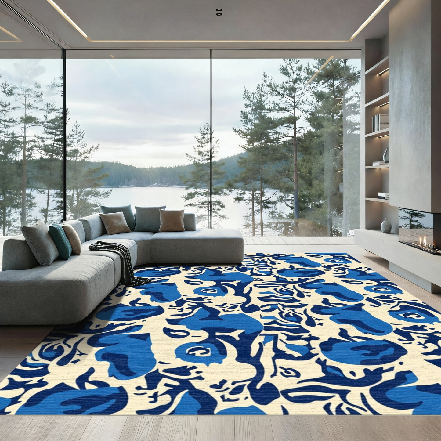 Deep Blue Floral Abstract Rug