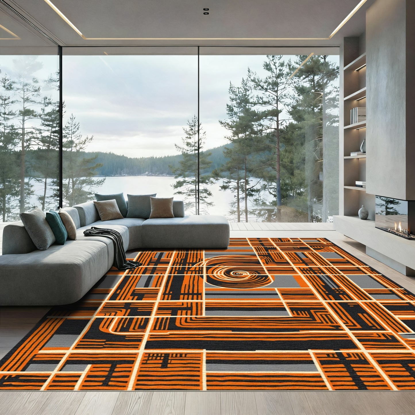 Bold Orange Grid With Spiral Swirl Rug