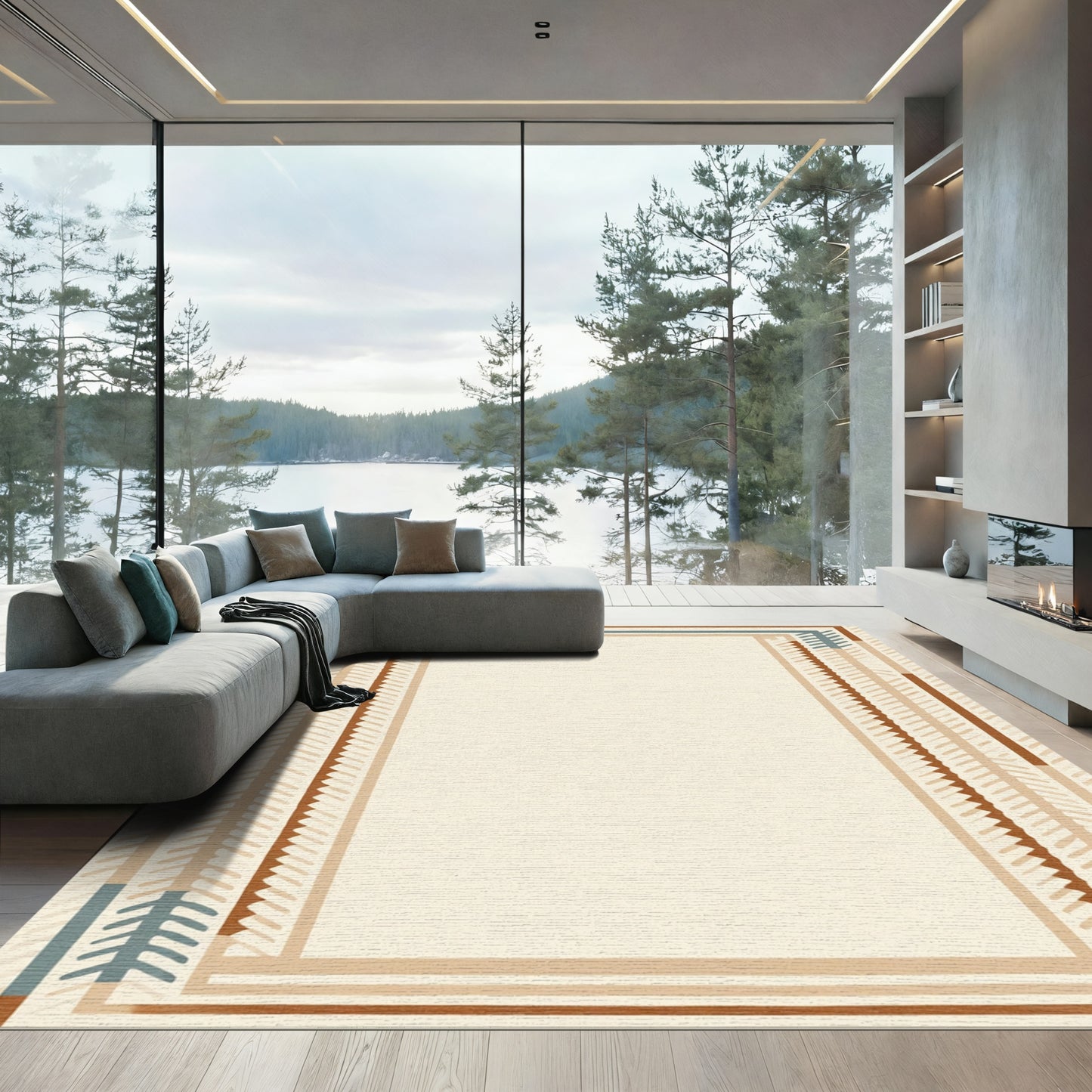 Earthy Geometric Lined Border Rug