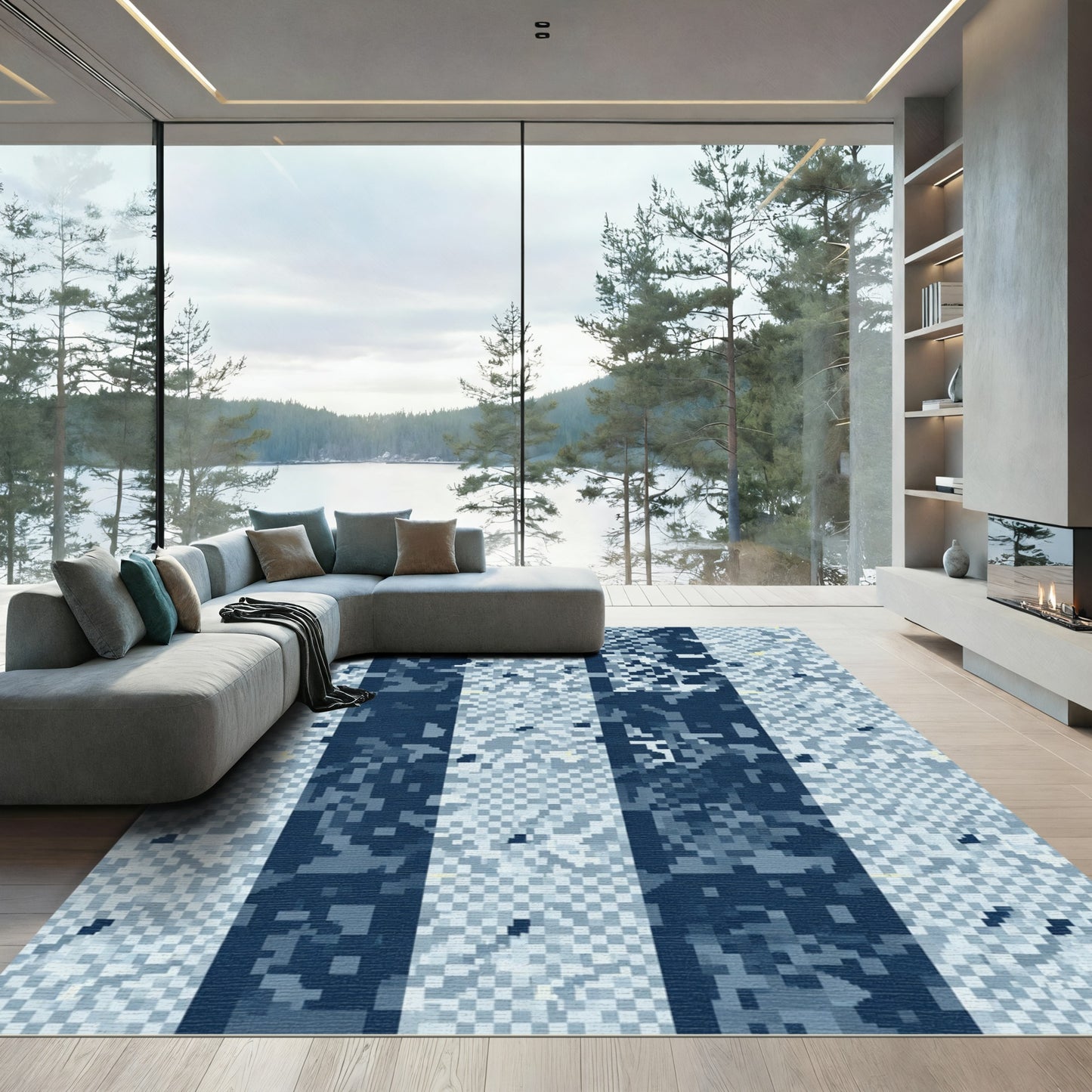 Deep Blue Pixelated Stripe Rug