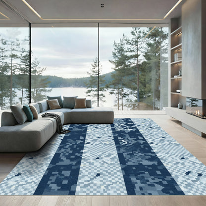 Deep Blue Pixelated Stripe Rug