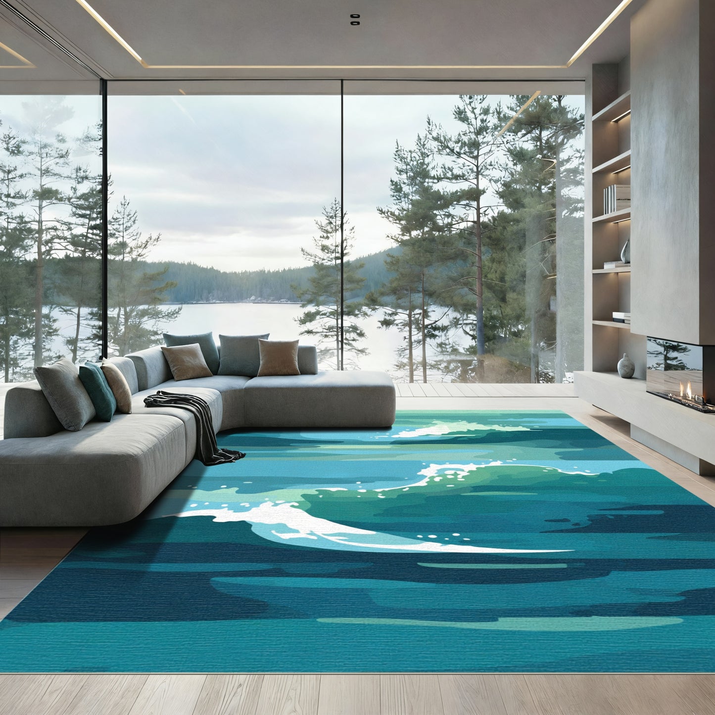 Aqua Swirl Crashing Ocean Waves Rug