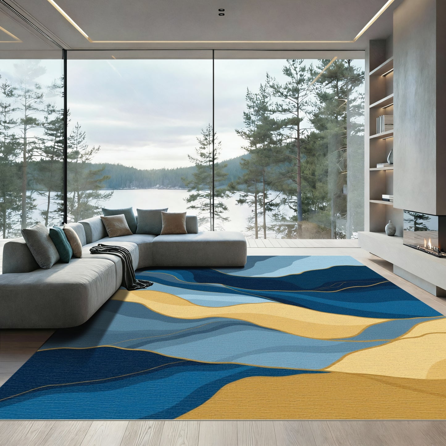 Abstract Blue Gold Wavy Landscape Rug