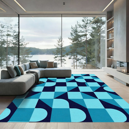 Deep Blue Geometric Quarter Circle Rug