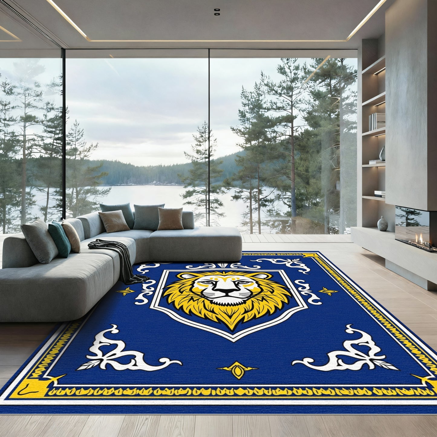Bold Royal Blue Lion Crest Rug