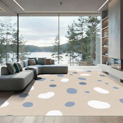 Neutral Beige Blue White Polka Dots Rug