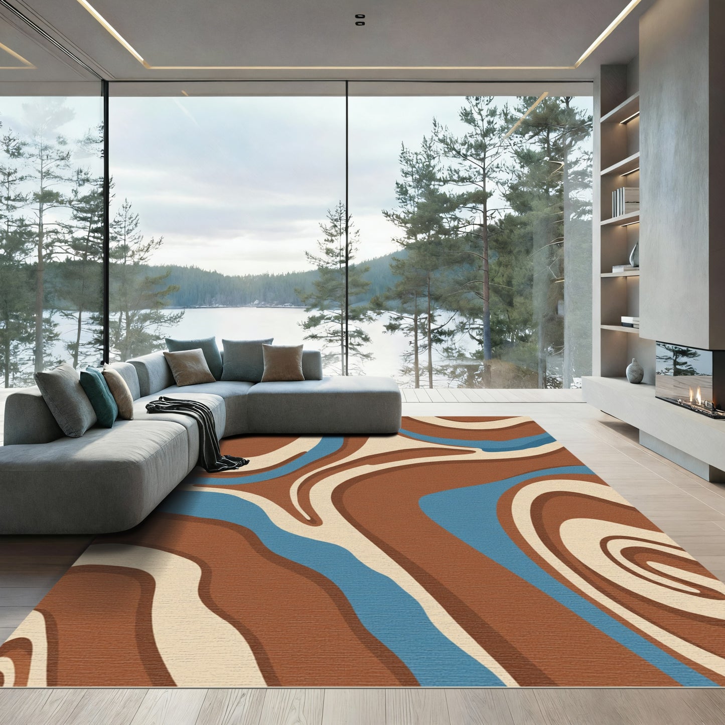 Brown Blue Cream Swirl Abstract Rug