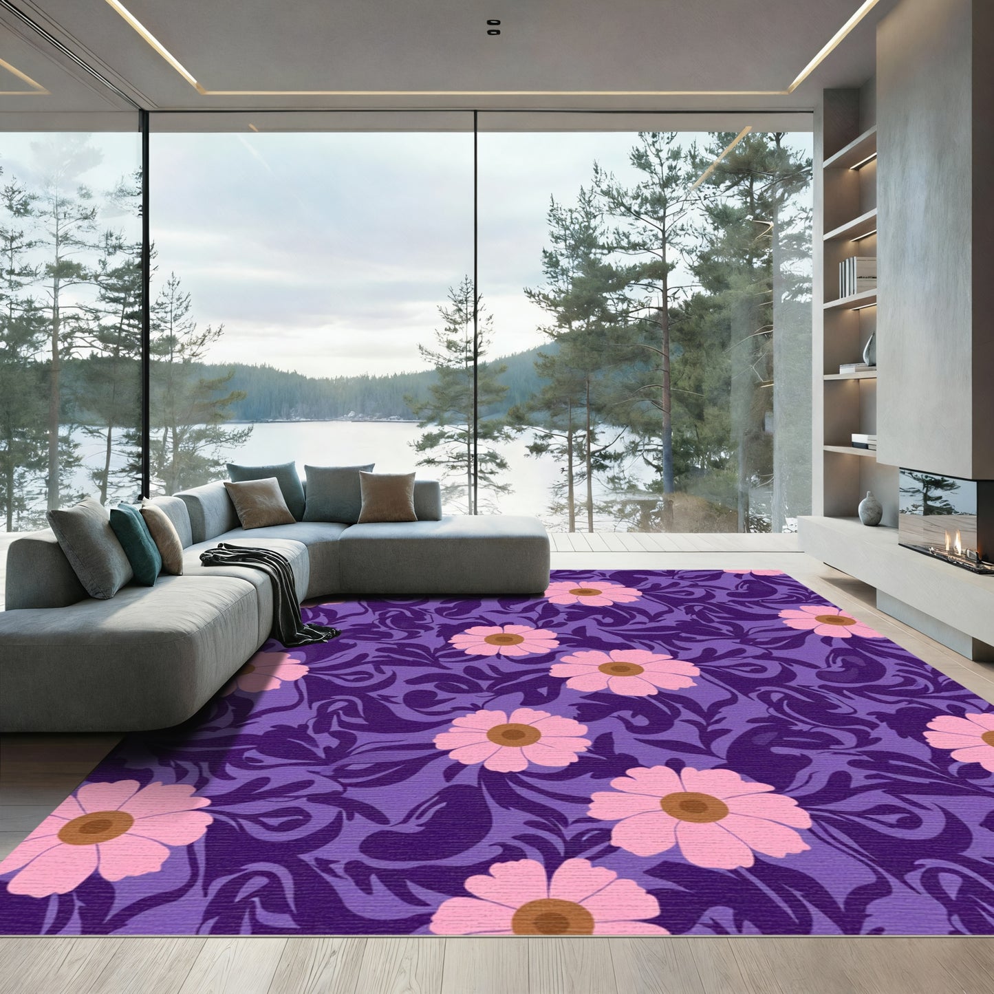 Pink Floral Swirl With Purple Background Rug