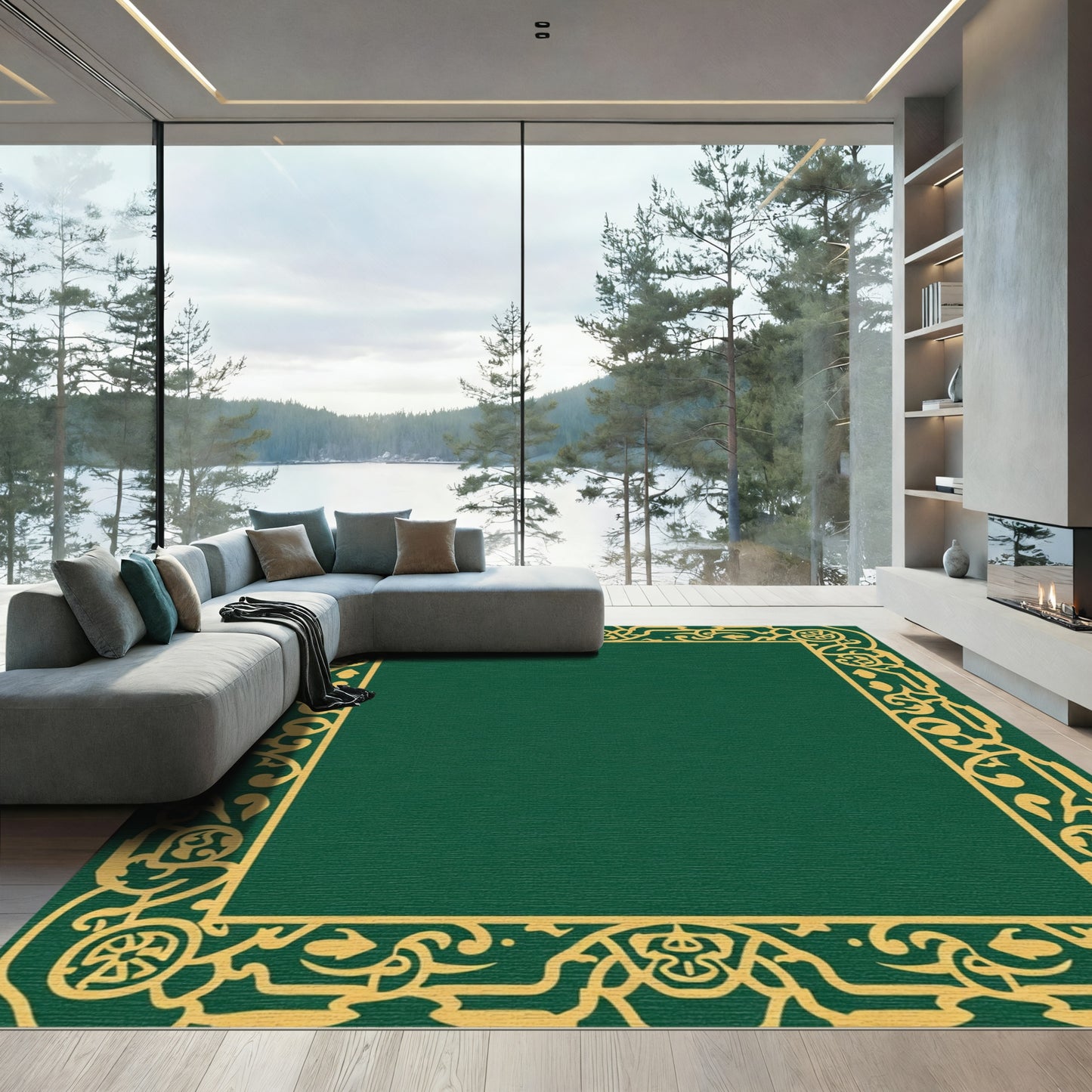 Emerald Green Gold Ornate Border Rug
