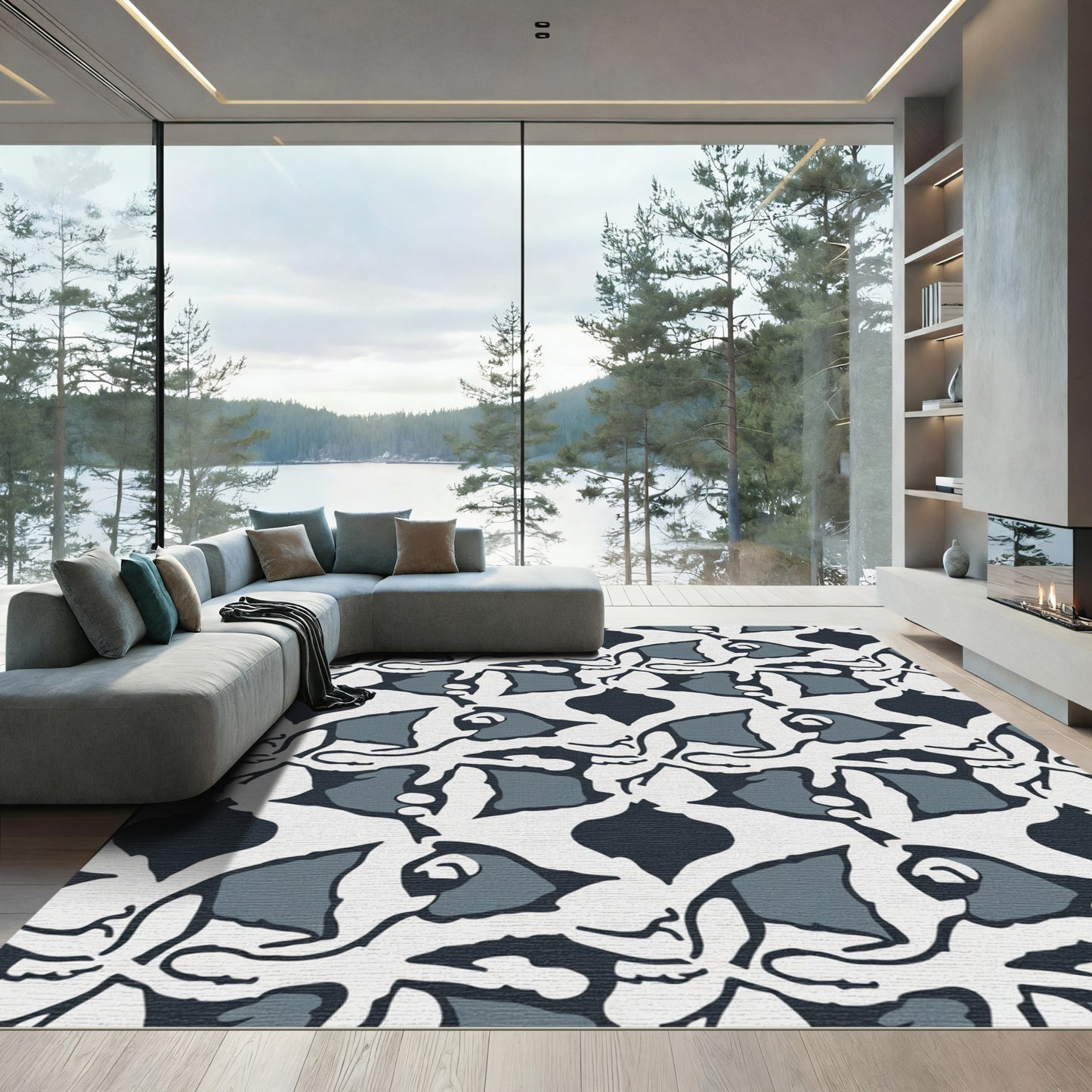 Abstract Dark Blue Floral Garden Rug