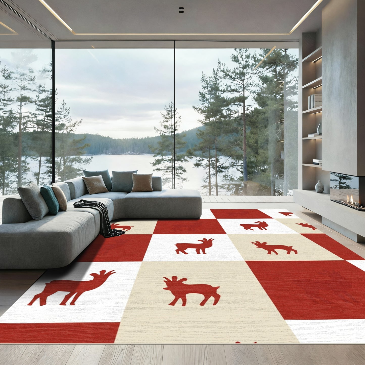 Red and Cream Checkerboard Deer Rug