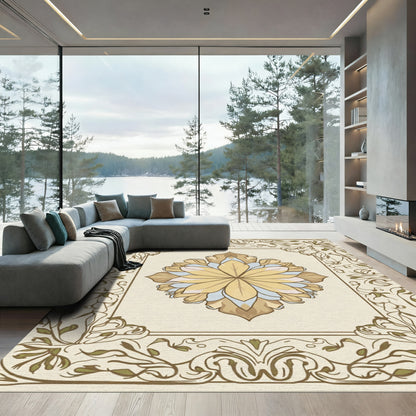 Golden Floral Medallion With Vine Border Rug