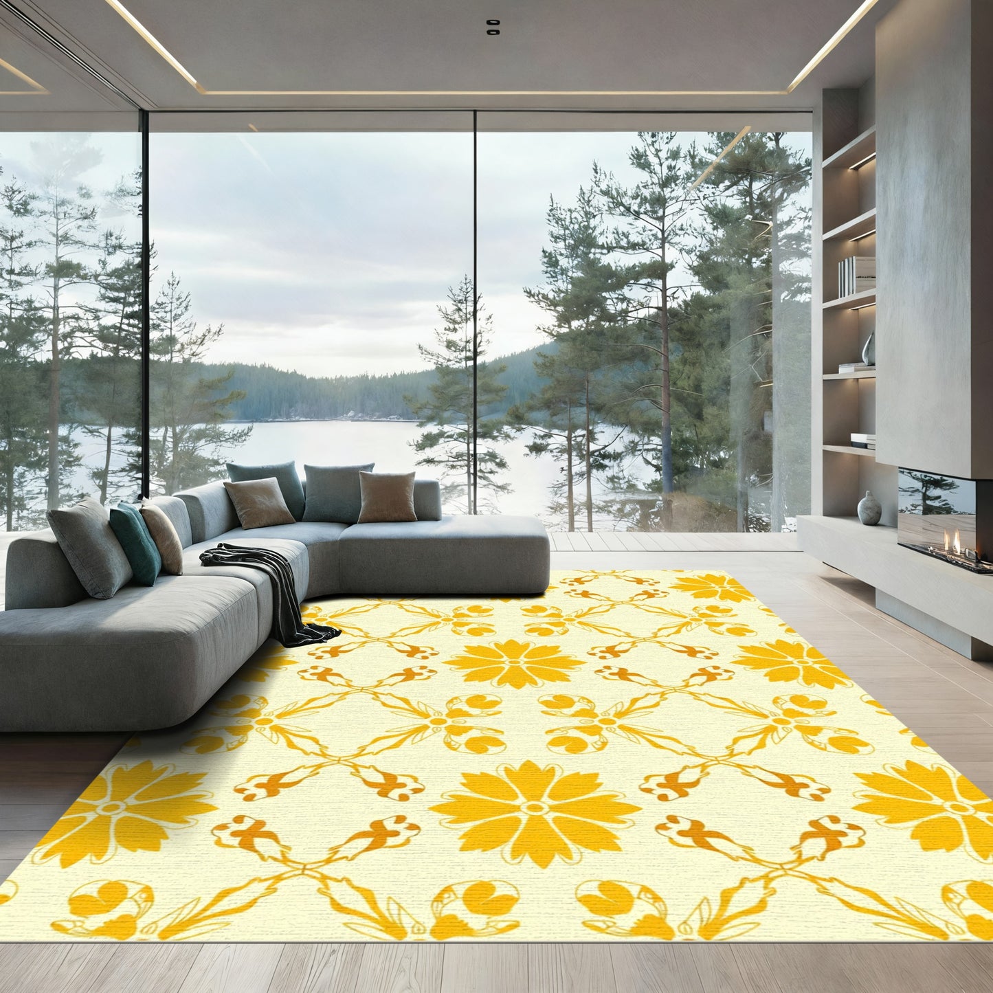 Golden Floral Lattice Outline Rug