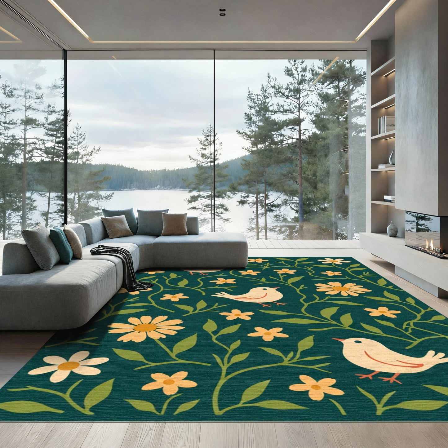 Charming Cream Bird Garden Vine Rug