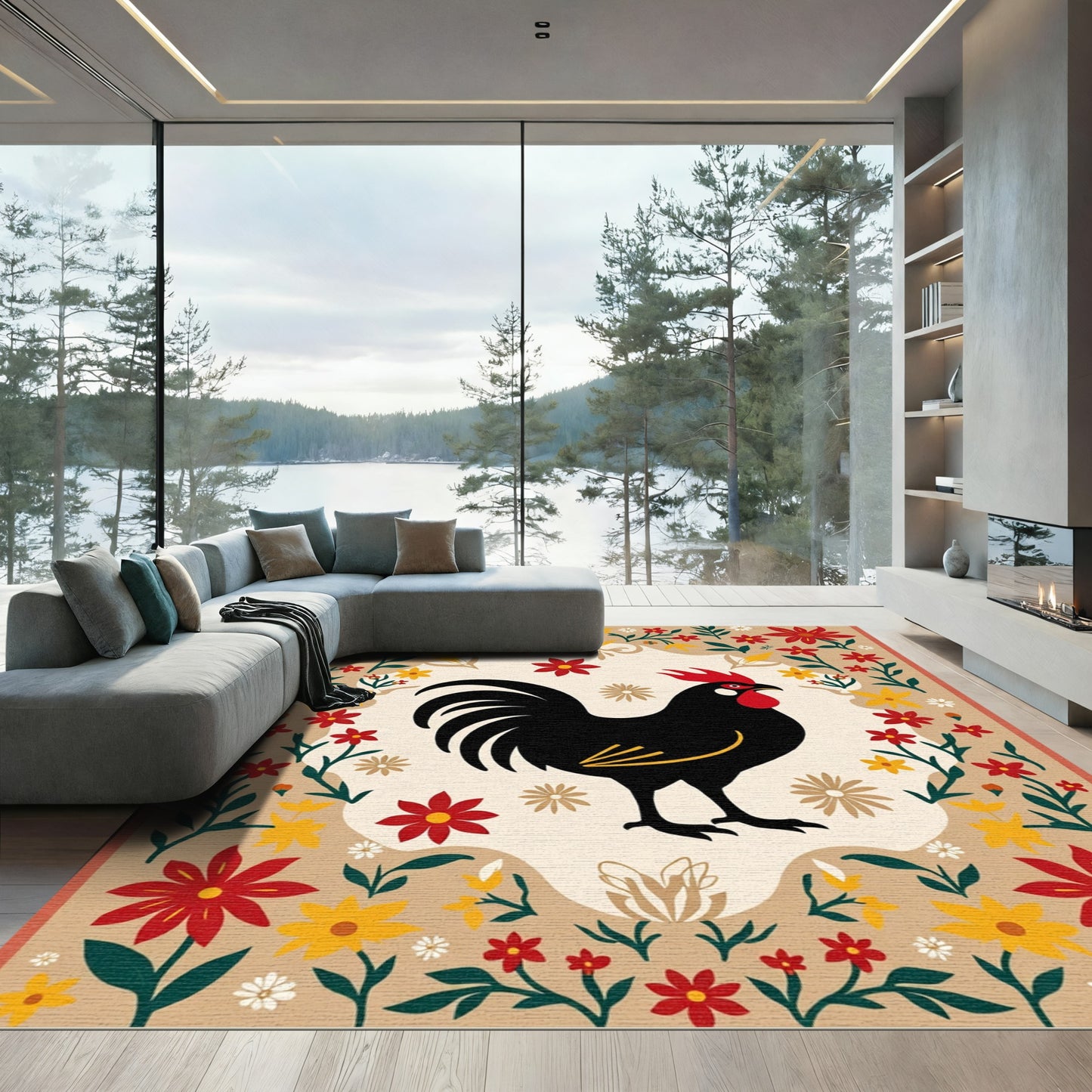 Farmhouse Black Rooster Floral Border Rug