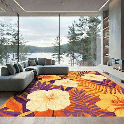 Tropical Hibiscus Floral Orange Purple Rug
