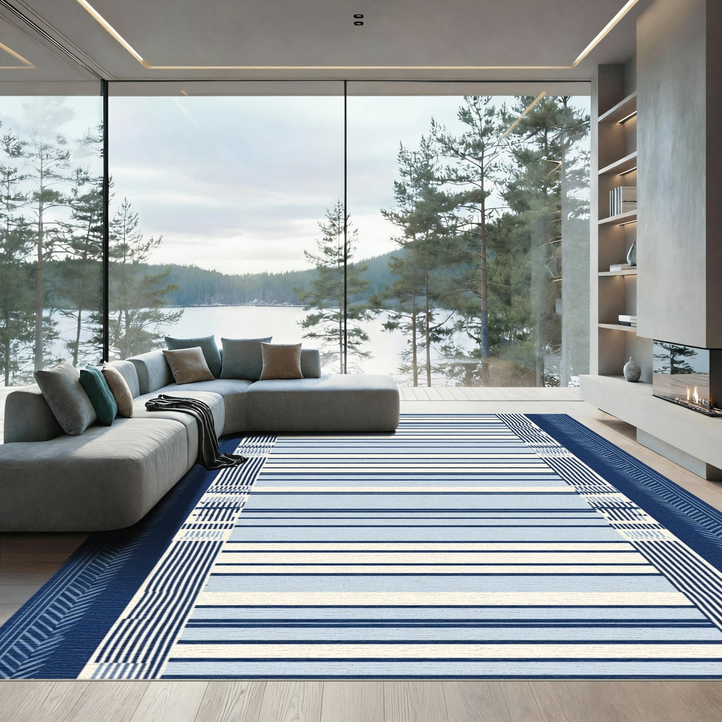 Navy Blue White Striped Border Rug