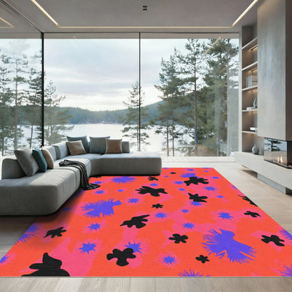 Vibrant Orange Black Blue Abstract Bloom Rug