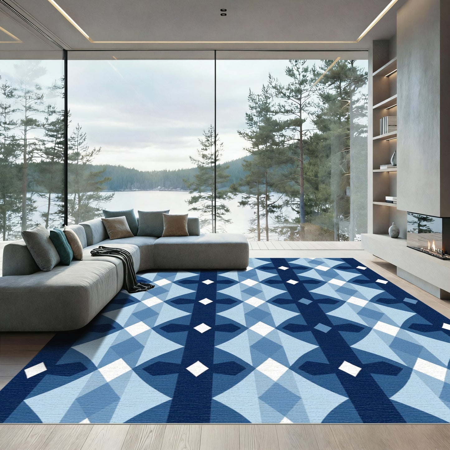 Geometric Blue Diamond Lattice Runner Rug