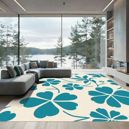 Teal Clover Floral Cream Background Rug