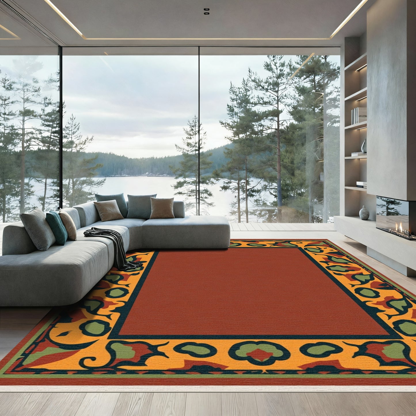 Terracotta Orange Green Floral Border Rug