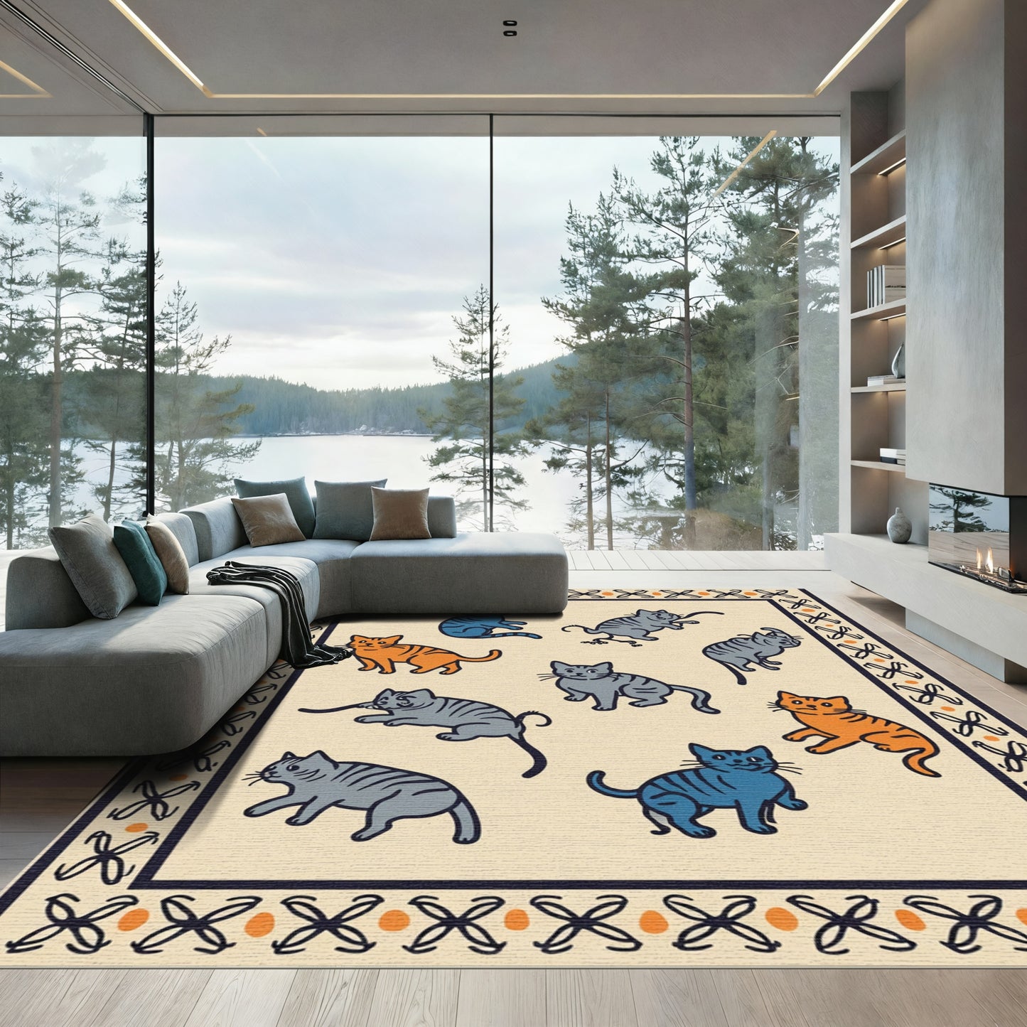 Playful Orange Blue Striped Cats Border Rug