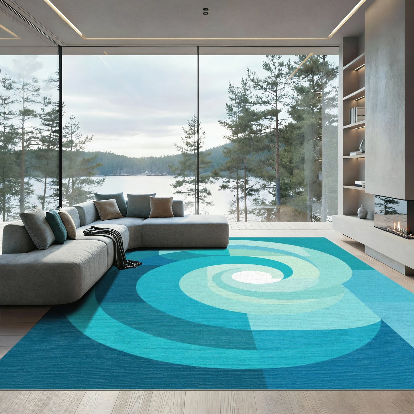 Modern Teal Swirl Geometric Rug