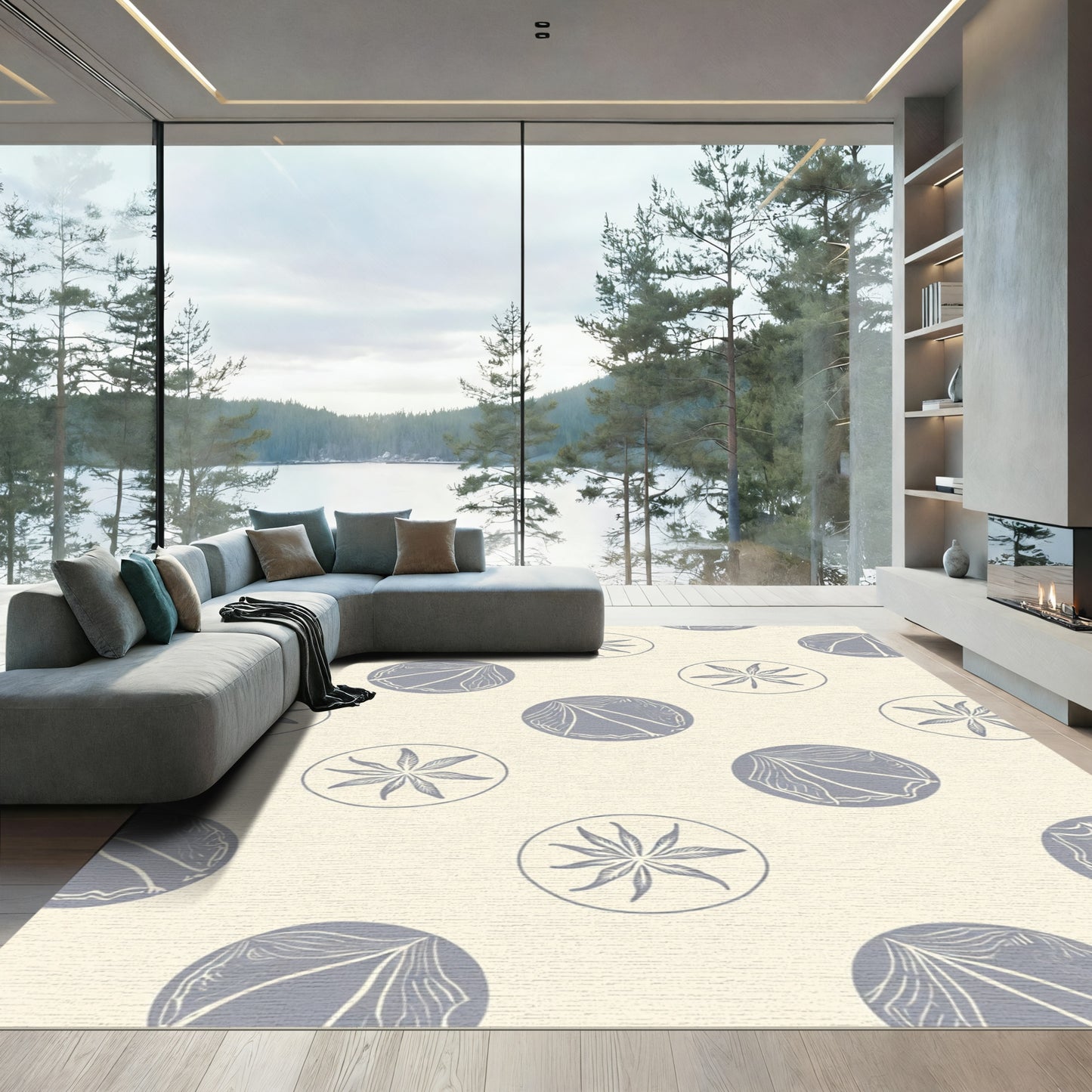 Pale Yellow Gray Floral Dot Rug