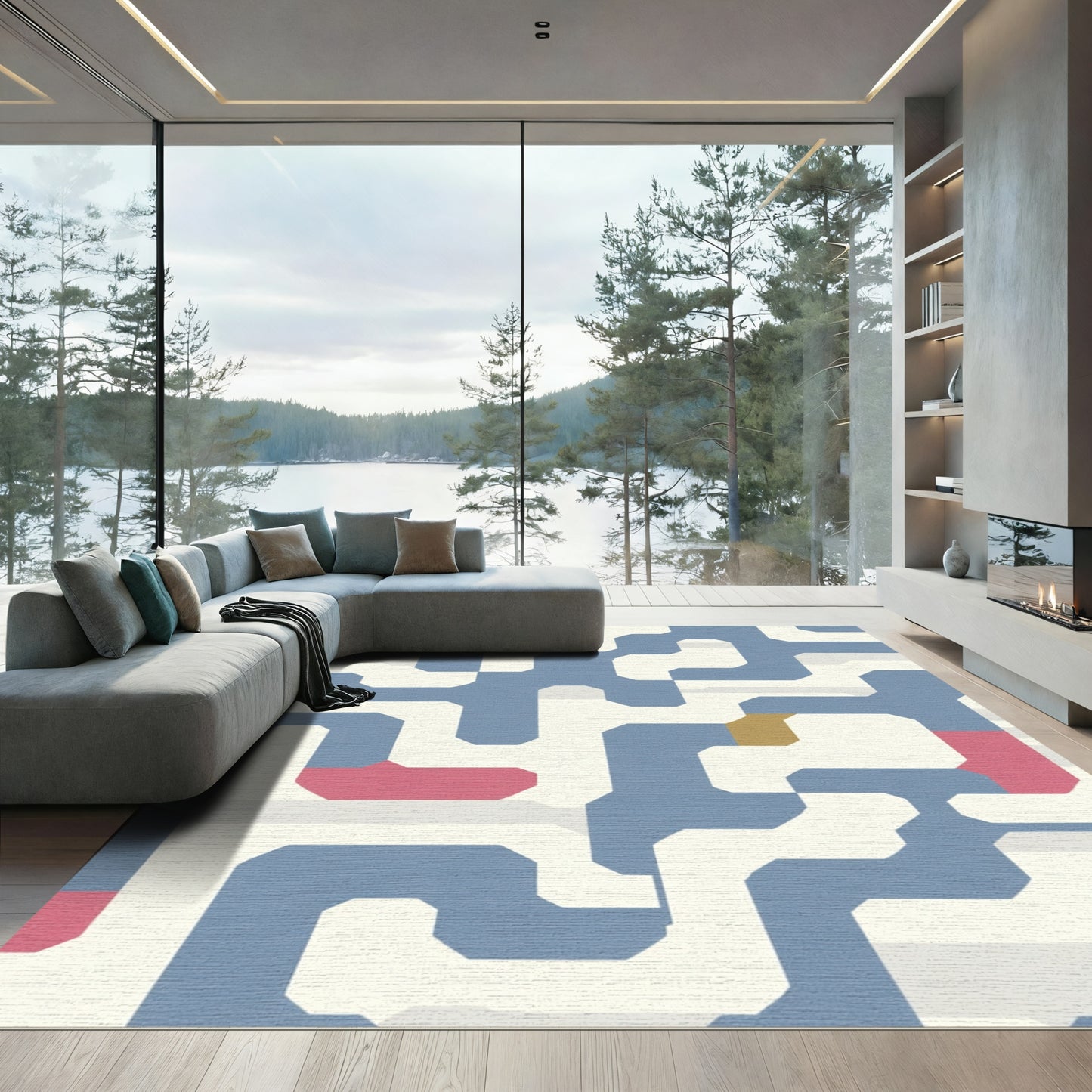 Blue Geometric Maze Linework Rug