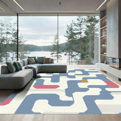 Blue Geometric Maze Linework Rug