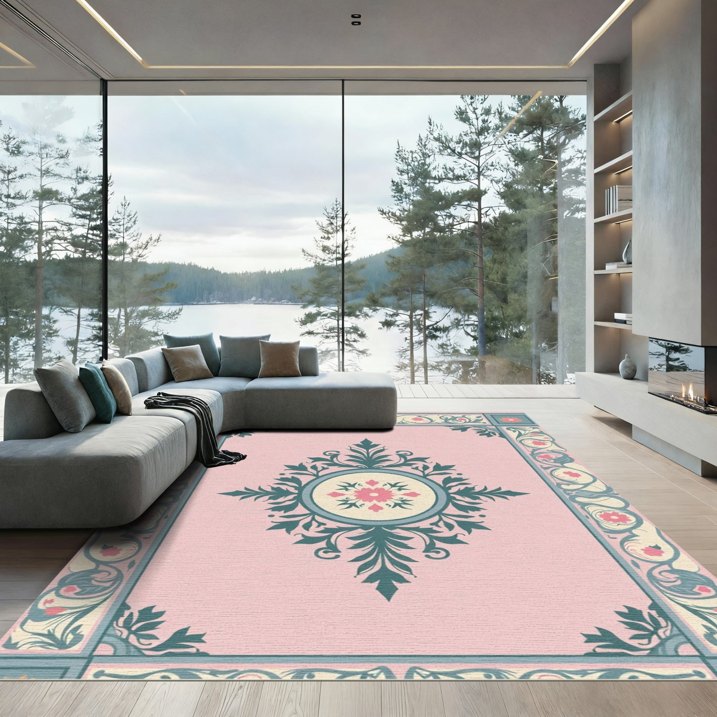Pale Pink Floral Medallion Border Rug