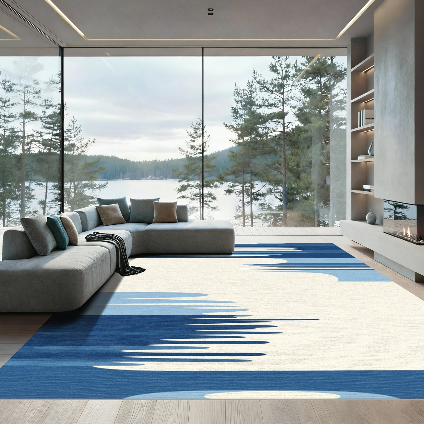 Deep Blue Abstract Water Ripples Rug