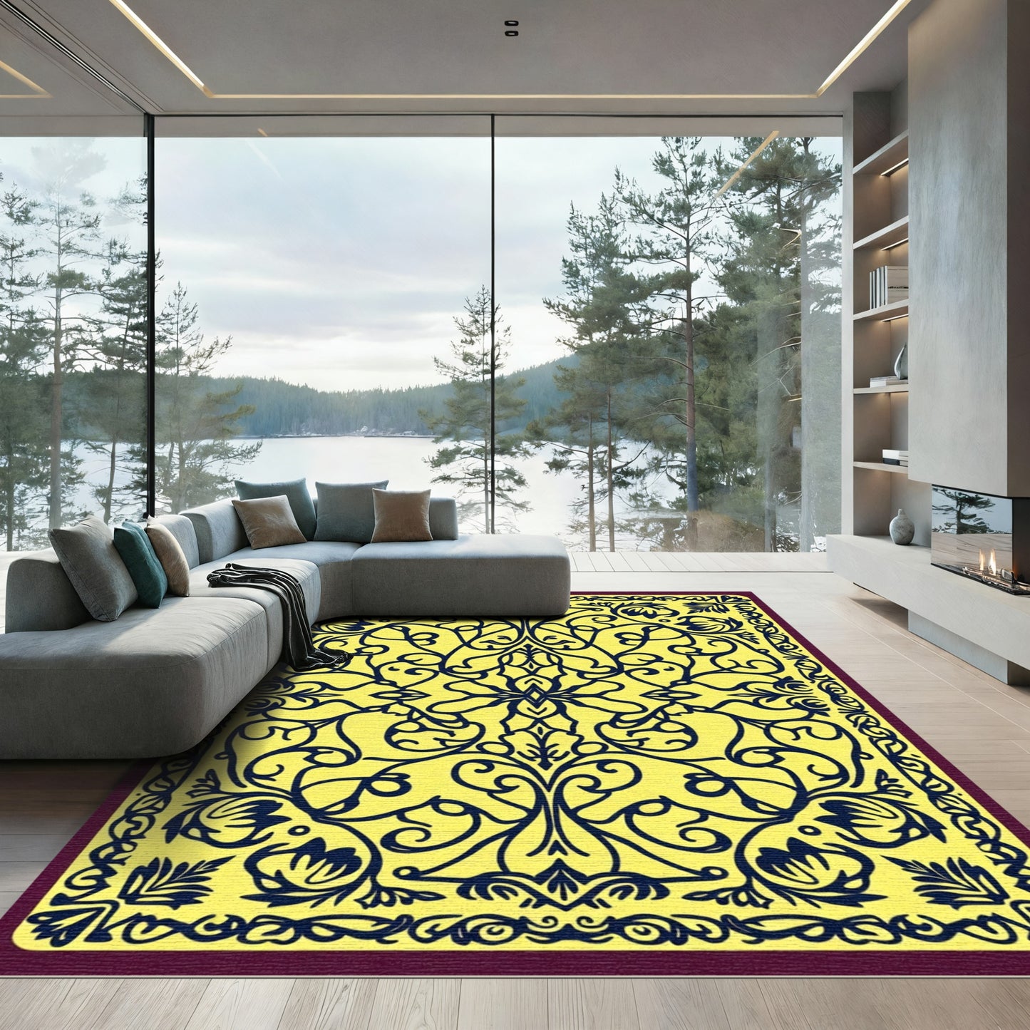 Yellow Indigo Scrolling Floral Vine Rug