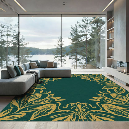 Golden Foliage Vine Teal Frame Rug