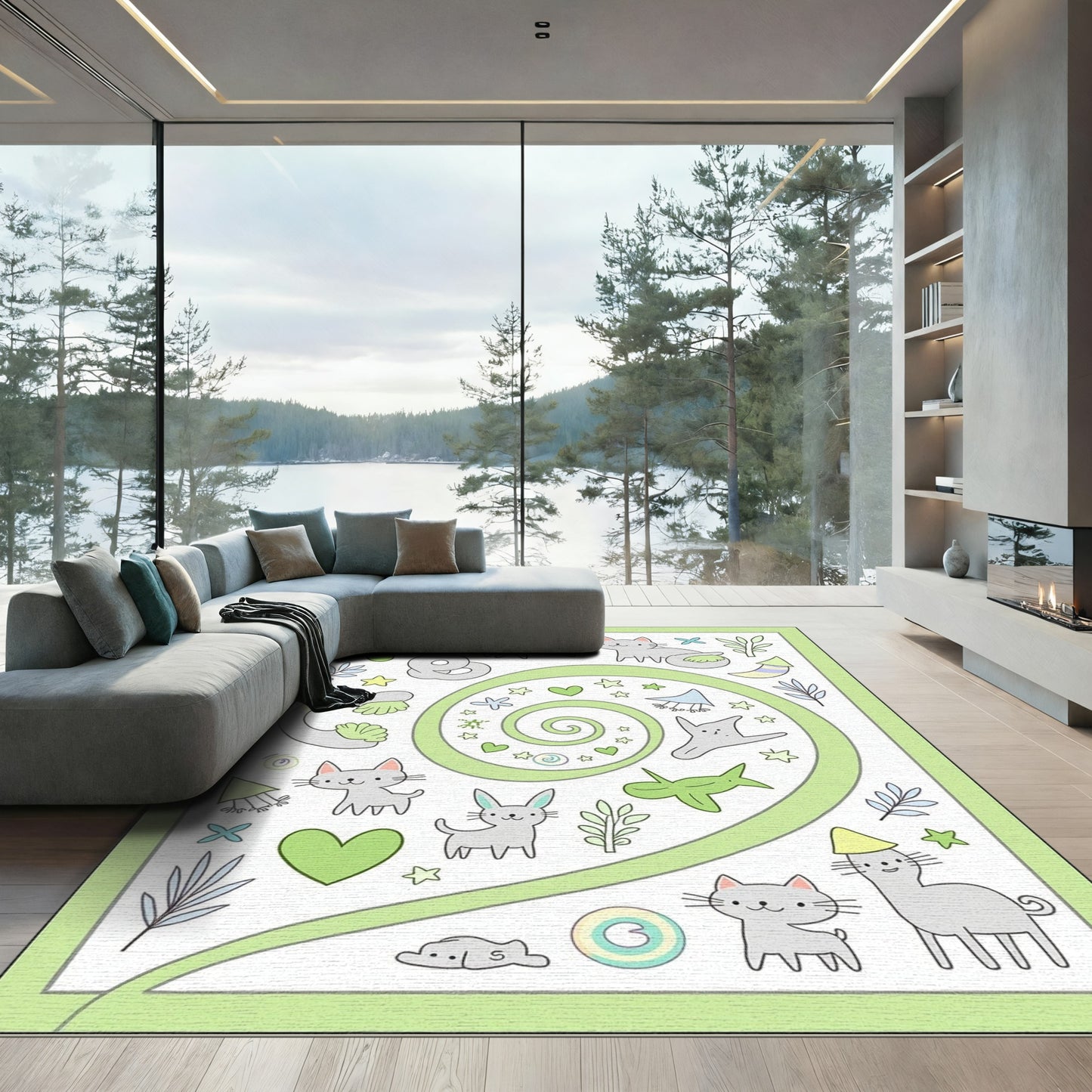 Whimsical Gray Cat and Bunny Swirl Rug