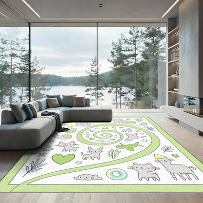 Whimsical Gray Cat and Bunny Swirl Rug