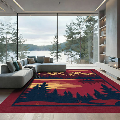 Crimson Mountain Lake Cabin Landscape Rug