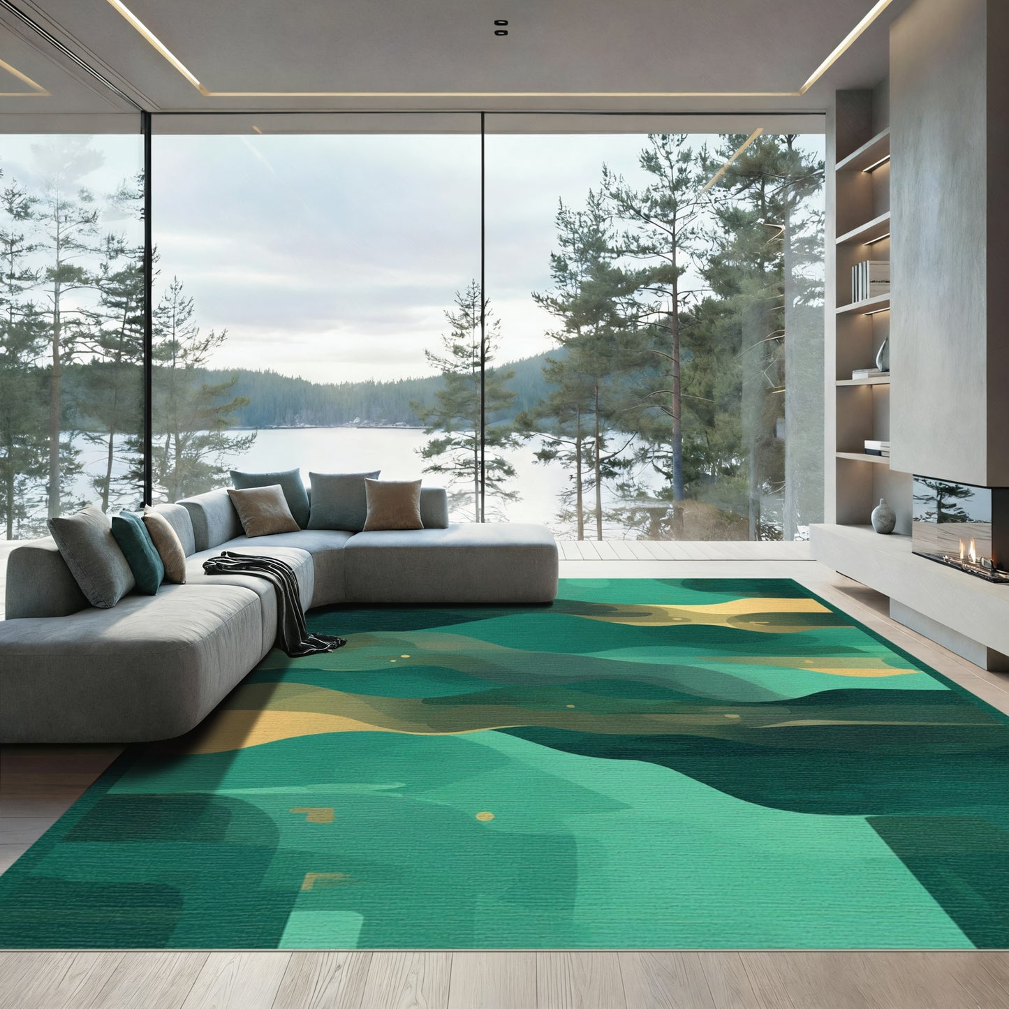 Teal Gold Abstract Landscape Waves Rug
