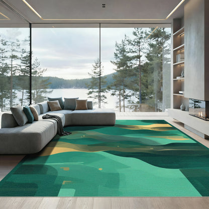 Teal Gold Abstract Landscape Waves Rug