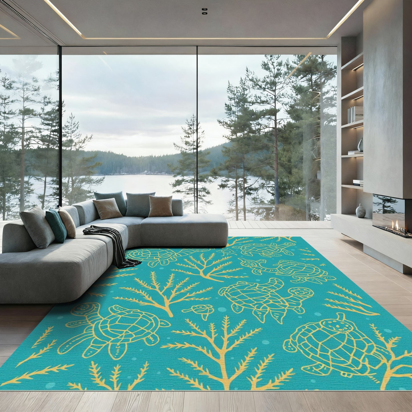 Teal And Yellow Sea Turtle Swirl Rug
