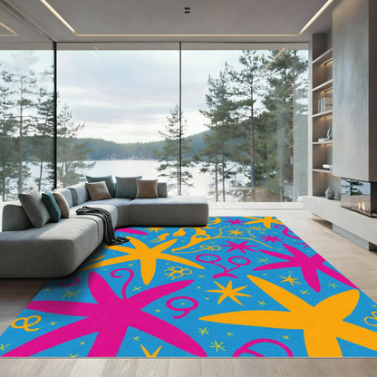 Whimsical Pink Yellow Starburst Teal Rug