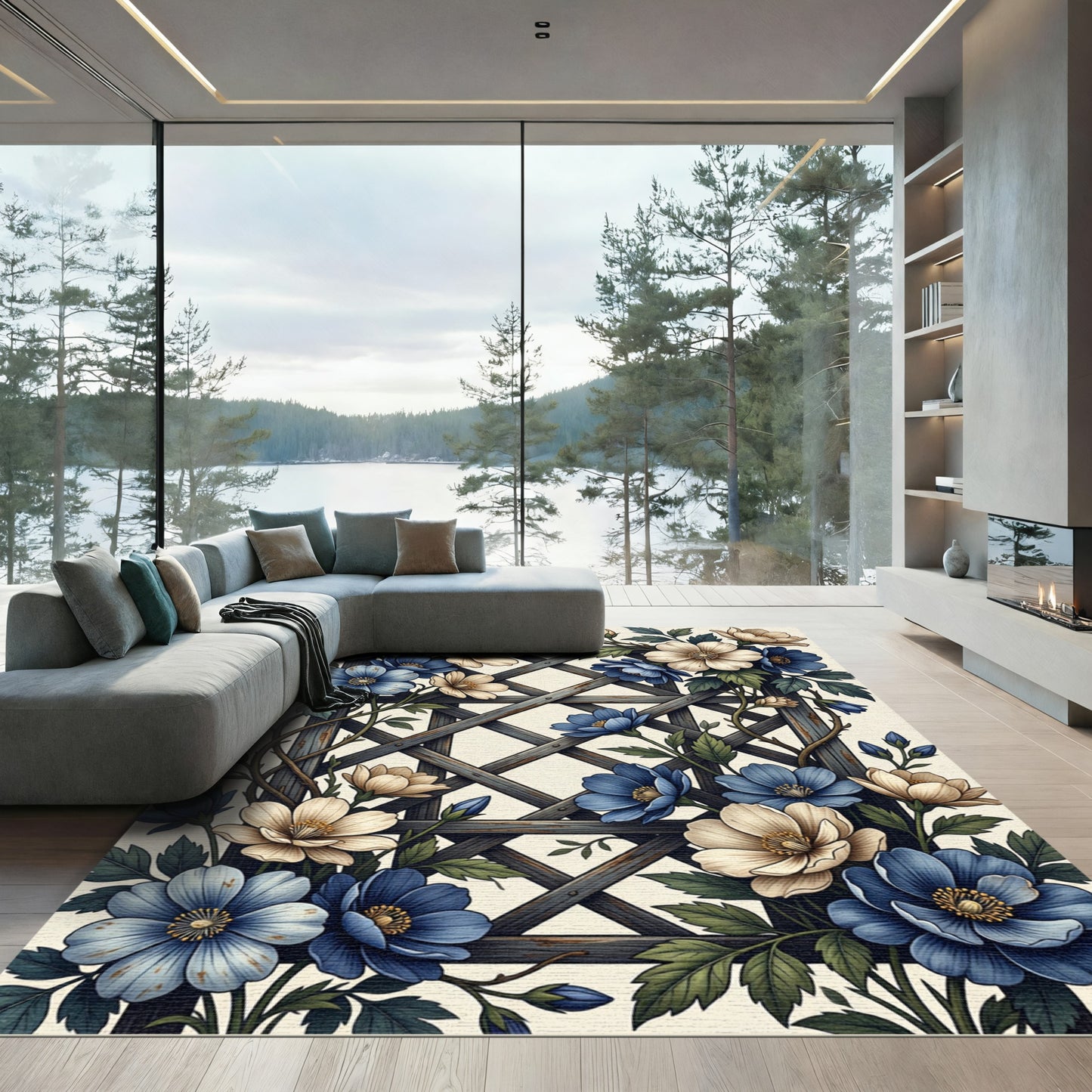 Blue Cream Floral Lattice Garden Rug