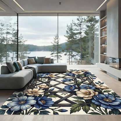 Blue Cream Floral Lattice Garden Rug