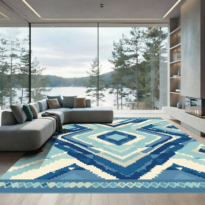 Tribal Diamond Geometric Blue Rug
