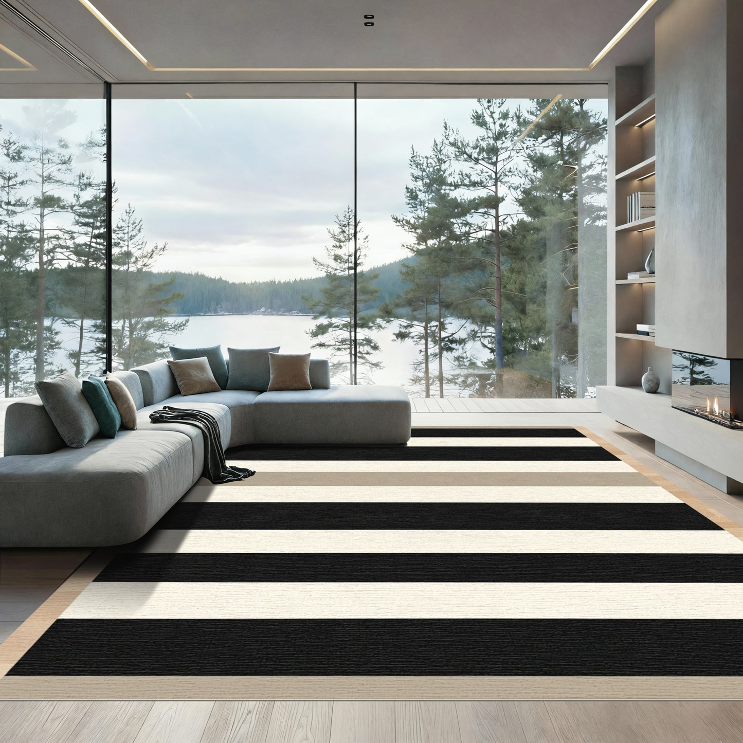 Neutral Black And Cream Stripes Rug