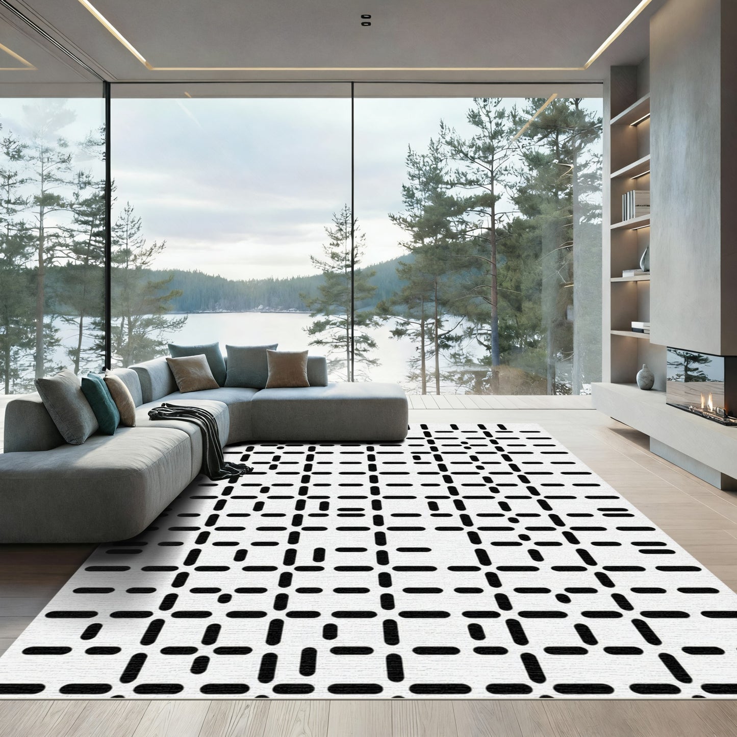 Modern Black White Grid Forms Rug
