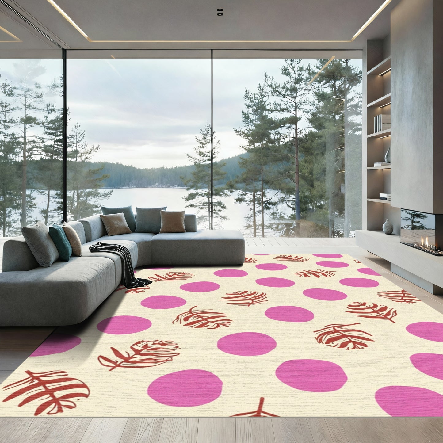 Pink Dots Fern Leaves Rug