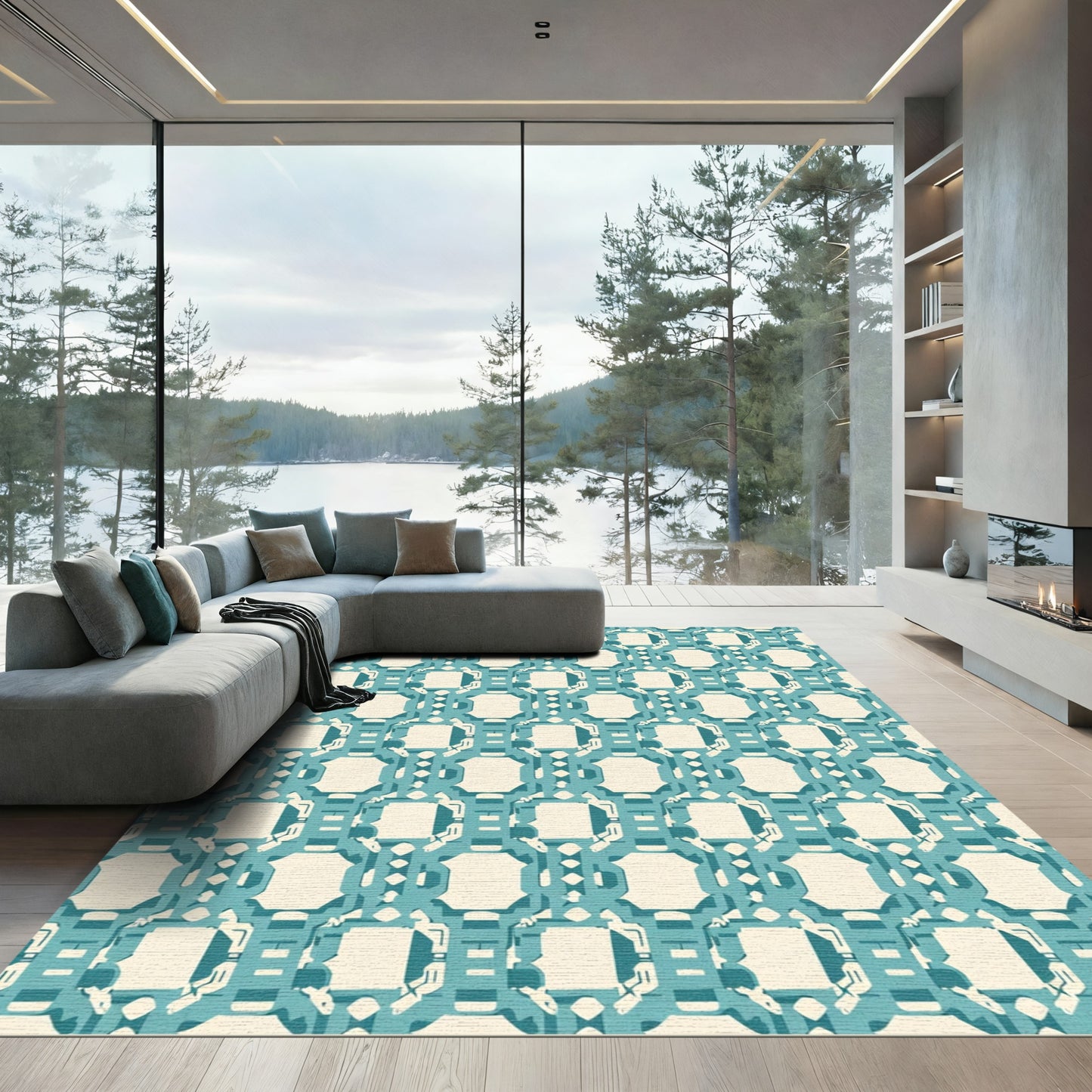 Teal Octagon Lattice Repeating Rug