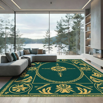 Emerald Green Gold Floral Rectangle Rug