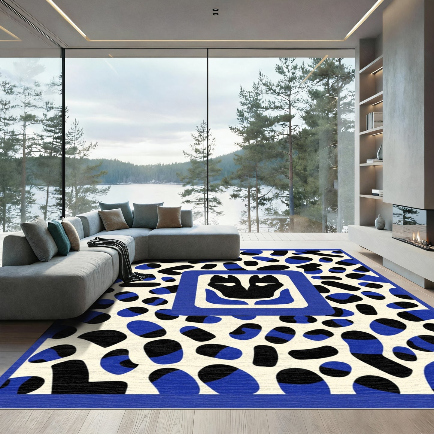 Abstract Blue Black Oval Face Rug